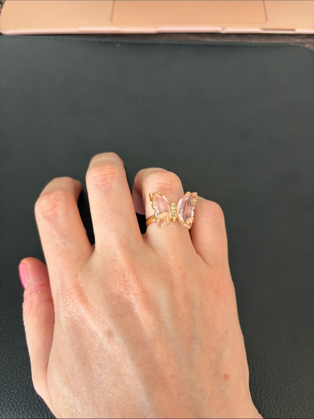 Gold Butterfly Ring with Pink Iridescent Wings - Women's Jewelry